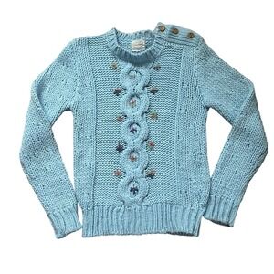 Vintage 60s 70s Hand Knit Blue Floral Sweater Sz SM Cottage Grandma‎ Dainty
